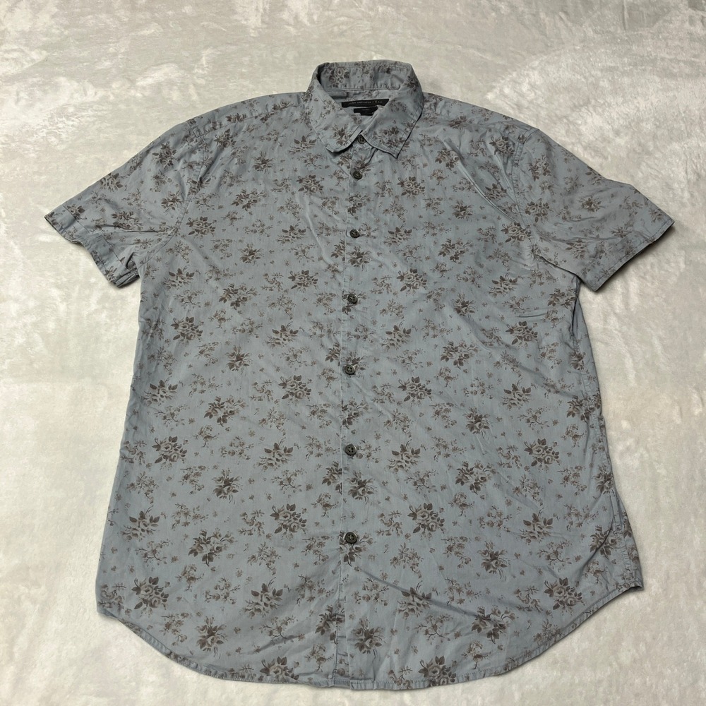 John Varvatos USA Shirt Luxe Short Sleeve Floral Print Button Up Grey Mens M